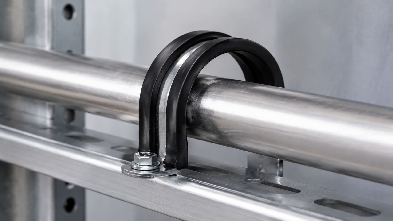 Rubber-lined U clamp securing a metal pipe to a mounting rail